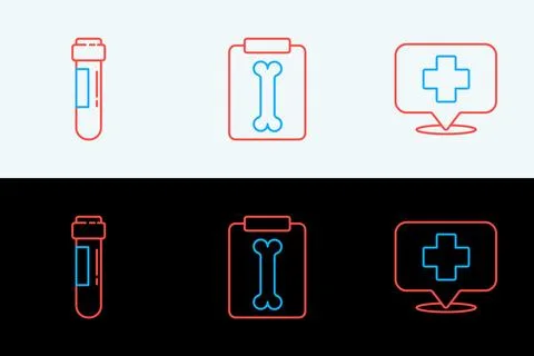 Set line Map pointer with cross hospital, Test tube blood and X-ray shots i.. Stock Illustration