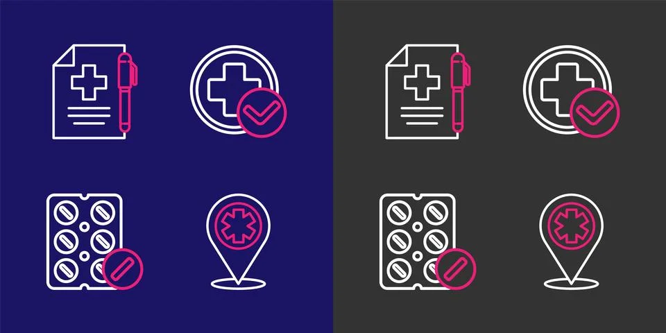 Set line Map pointer with cross hospital, Pills blister pack, Cross medical.. Stock Illustration