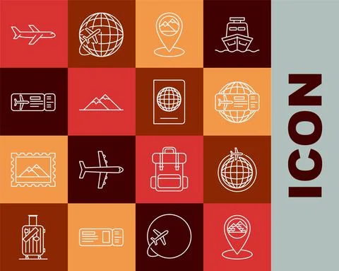 Set line Map pointer with Egypt pyramids, Globe flying plane, Airline ticket Stock Illustration