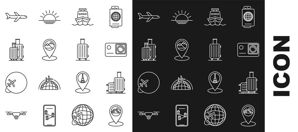 Set line Map pointer with Egypt pyramids, Suitcase for travel, Action extreme Stock Illustration