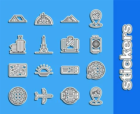 Set line Map pointer with Egypt pyramids, Globe flying plane, Passport ticket Illustrazione stock