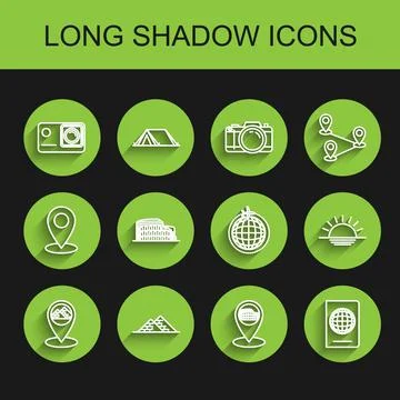 Set line Map pointer with Egypt pyramids, Action extreme camera, Coliseum R.. Stock Illustration