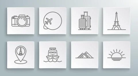 Set line Map pointer with Eiffel tower, Globe flying plane, Ship, Egypt pyramids イラスト素材