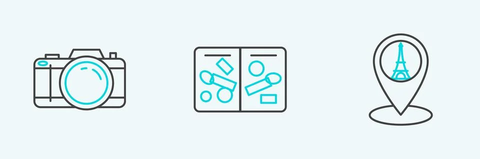 Set line Map pointer with Eiffel tower, Photo camera and Passport pages visa Stock Illustration