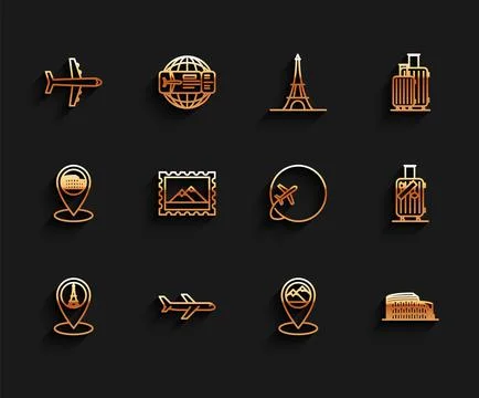 Set line Map pointer with Eiffel tower, Plane, mountain, Coliseum Rome, Italy Stockillustratie