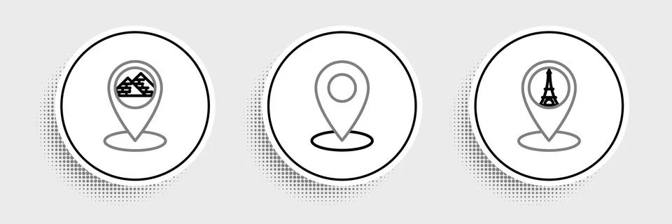 Set line Map pointer with Eiffel tower, Egypt pyramids and pin icon. Vector Stock Illustration