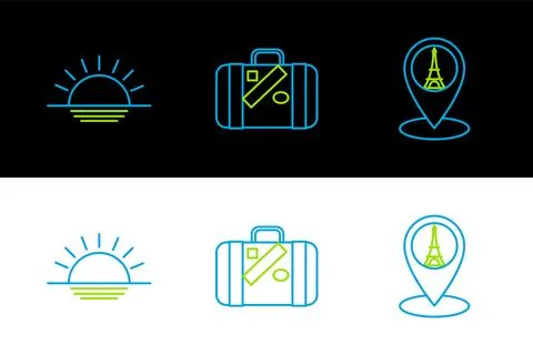 Set line Map pointer with Eiffel tower, Sunset and Suitcase for travel and Stock Illustration