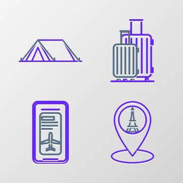 Set line Map pointer with Eiffel tower, Smartphone electronic boarding pass.. Illustration