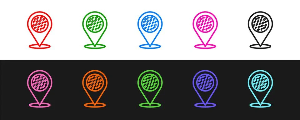 Set line Map pointer with golf sport club icon isolated on black and white Stock Illustration