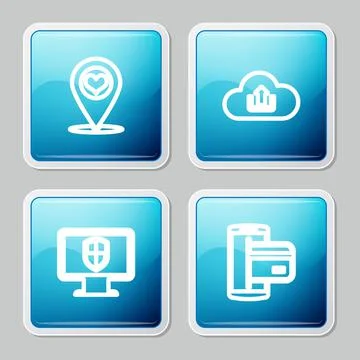 Set line Map pointer with heart, Cloud upload, Monitor and shield and NFC イラスト素材