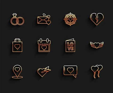 Set line Map pointer with heart, Amour and arrow, Wedding rings, Like, Balloons Stock Illustration