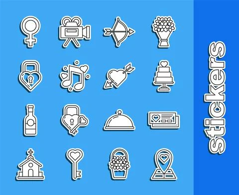 Set line Map pointer with heart, Ticket, Wedding cake, Bow and arrow, Music note Ilustración de archivo