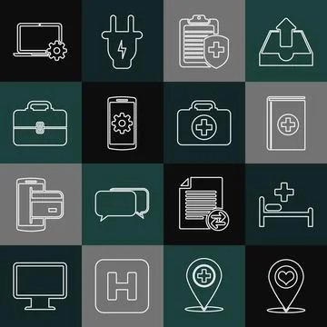 Set line Map pointer with heart, Hospital bed, Medical book, Clipboard medical Illustrazione stock