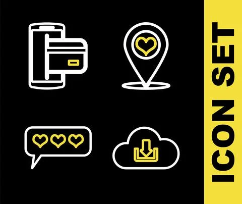 Set line Map pointer with heart, Cloud download, Like and and NFC Payment icon Stock Illustration