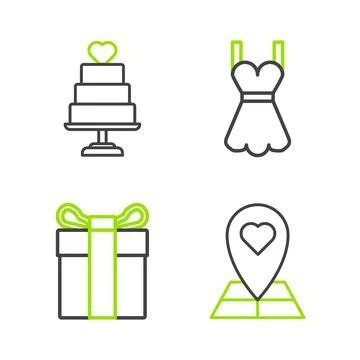 Set line Map pointer with heart, Gift box, Woman dress and Wedding cake icon Stock Illustration