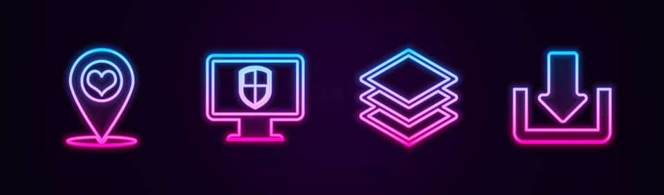 Set line Map pointer with heart, Monitor and shield, Layers and Download Stock Illustration