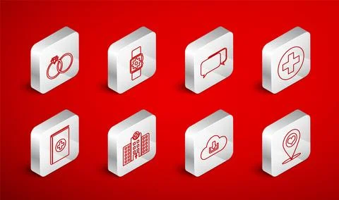 Set line Map pointer with heart, Smartwatch setting, Chat, Medical cross circle Stock Illustration