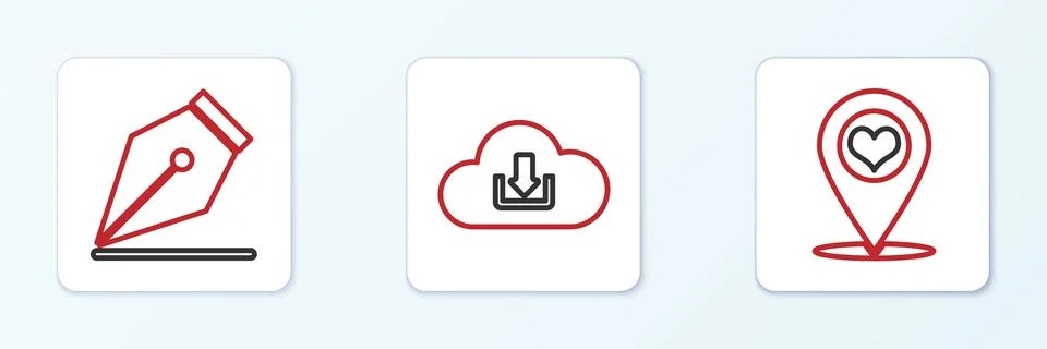 Set line Map pointer with heart, Fountain pen nib and Cloud download icon イラスト素材