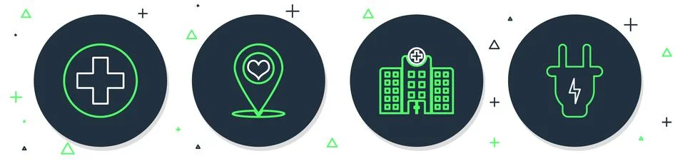 Set line Map pointer with heart Medical hospital building cross circle and El 库存插图