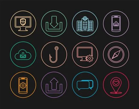Set line Map pointer with heart, Wind rose, Medical hospital building, Fish.. Ilustración de archivo