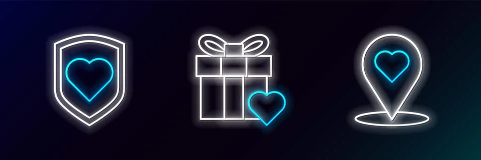 Set line Map pointer with heart, Heart shield and Gift box and icon. Glowin.. Stock Illustration