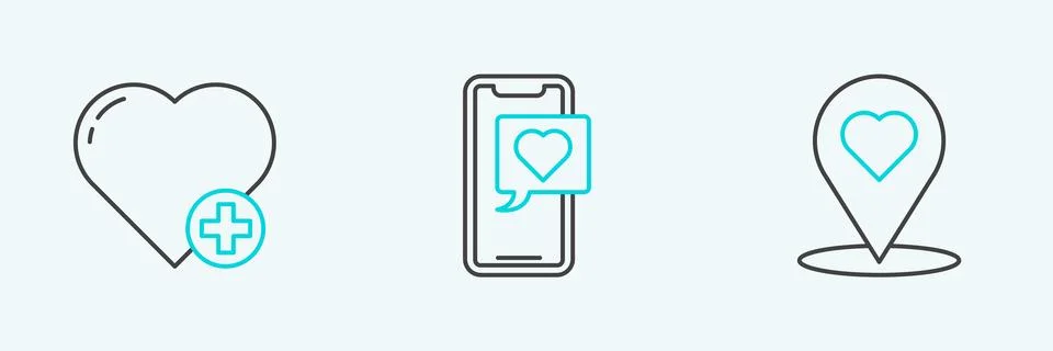 Set line Map pointer with heart, Heart and Smartphone speech bubble icon. V.. 库存插图