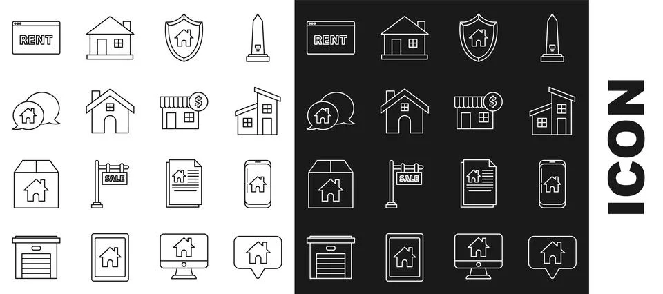 Set line Map pointer with house, Mobile phone smart home, House, shield 스톡 일러스트
