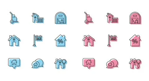 Set line Map pointer with house, House building speech bubble, Hand truck and 库存插图
