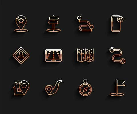 Set line Map pointer with house, Route location, star, Compass, Flag Stock Illustration