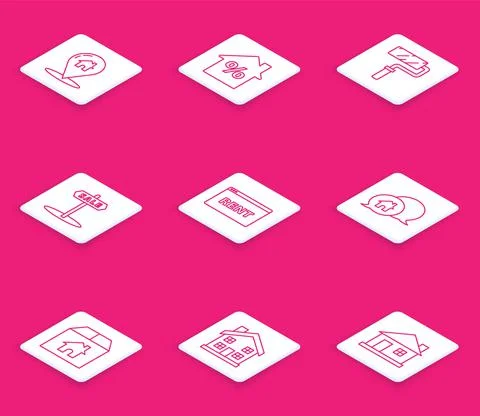 Set line Map pointer with house, House percant discount tag, Paint roller brush Illustrazione stock