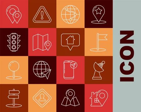 Set line Map pointer with house, Radar, Flag, Location on the globe, Folded map Stock Illustration