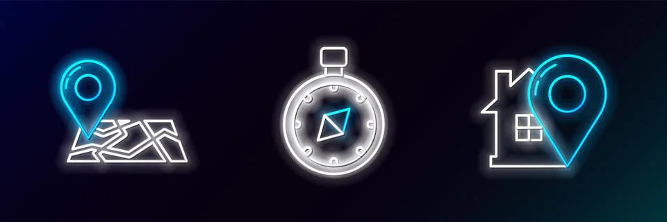 Set line Map pointer with house, Folded map location marker and Compass icon Stock Illustration