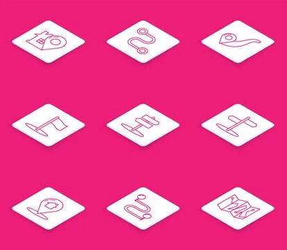 Set line Map pointer with house, Route location, Flag, Road traffic sign,  an Stock Illustration