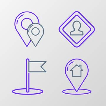Set line Map pointer with house, Flag, Road traffic sign and pin icon. Vector Stock Illustration