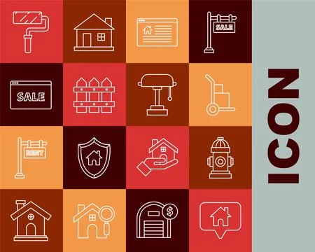 Set line Map pointer with house, Fire hydrant, Hand truck and boxes, Hanging  Stock Illustration