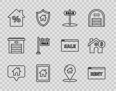 Set line Map pointer with house, Hanging sign text Online Rent, Sale, Tablet and Stock Illustration