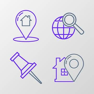 Set line Map pointer with house, Push pin, Magnifying glass globe and icon Stock Illustration