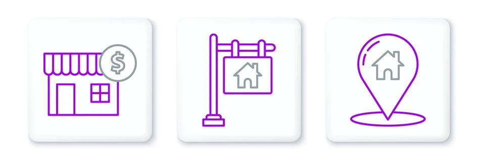 Set line Map pointer with house, House dollar symbol and Hanging sign text .. Stockillustratie