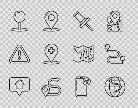 Set line Map pointer with house, Location on the globe, Push pin, Route loc.. Stock Illustration