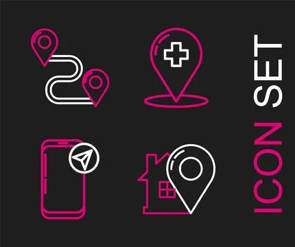 Set line Map pointer with house, Infographic of city map navigation, Locati.. 스톡 일러스트