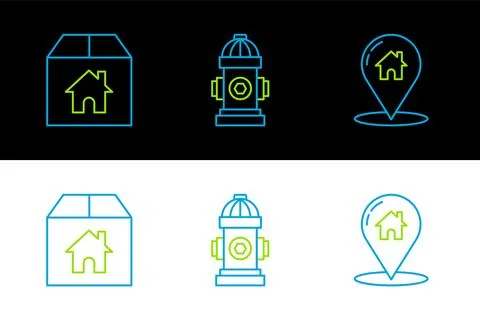 Set line Map pointer with house, Cardboard box and Fire hydrant icon. Vector Stock Illustration