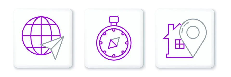 Set line Map pointer with house, Location on the globe and Compass icon. Vect Stock Illustration