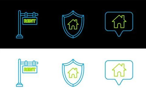 Set line Map pointer with house, Hanging sign text Rent and House shield ic.. Stockillustratie