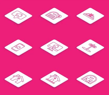 Set line Map pointer with house, Warehouse dollar symbol, Swimming pool lad.. Illustrazione stock