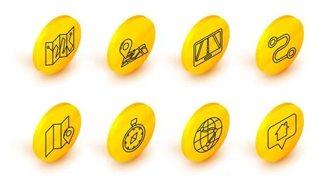 Set line Map pointer with house, Location on the globe, Compass, Folded map.. Stock Illustration