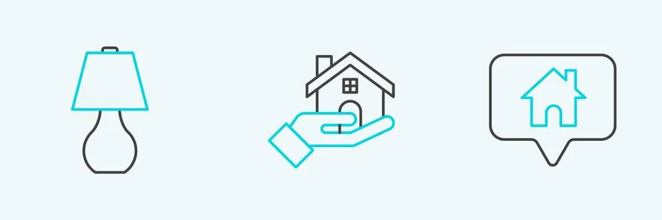 Set line Map pointer with house, Table lamp and Realtor icon. Vector Stock Illustration