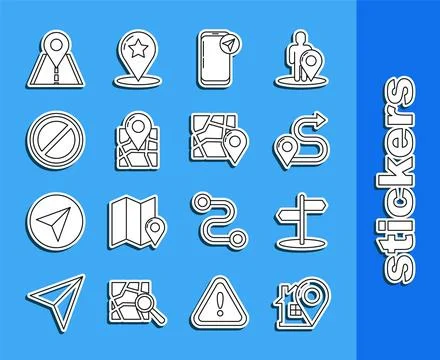 Set line Map pointer with house, Road traffic sign, Route location, Infogra.. Stock Illustration