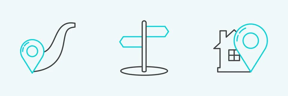 Set line Map pointer with house, Route location and Road traffic sign icon... Stock Illustration