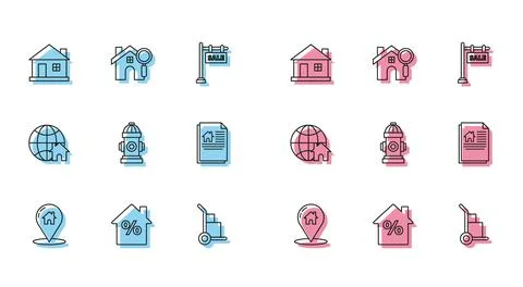 Set line Map pointer with house, House percant discount tag, Hand truck and.. Ilustración de archivo
