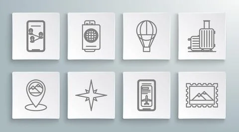 Set line Map pointer with mountain, Smartphone electronic boarding pass airline Stock Illustration